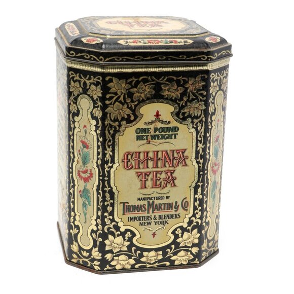 Vintage Daher Tea Tin Thomas Martin & Co China Tea Container Floral Black Gold - Picture 2 of 10